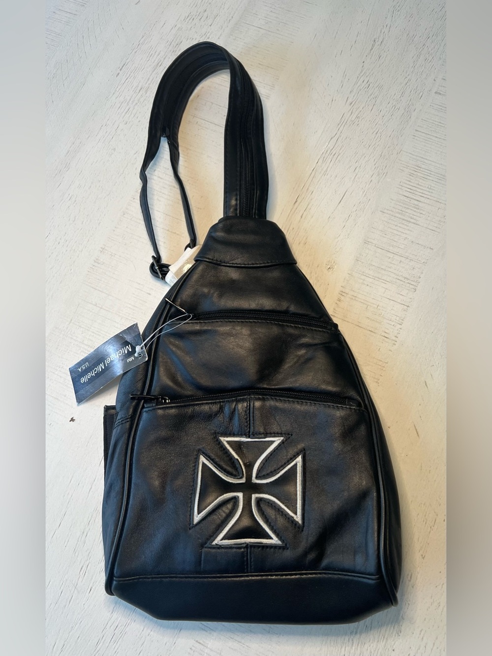 NWT Michelle Michael Chopper Emblem Slingback Leather Backpack